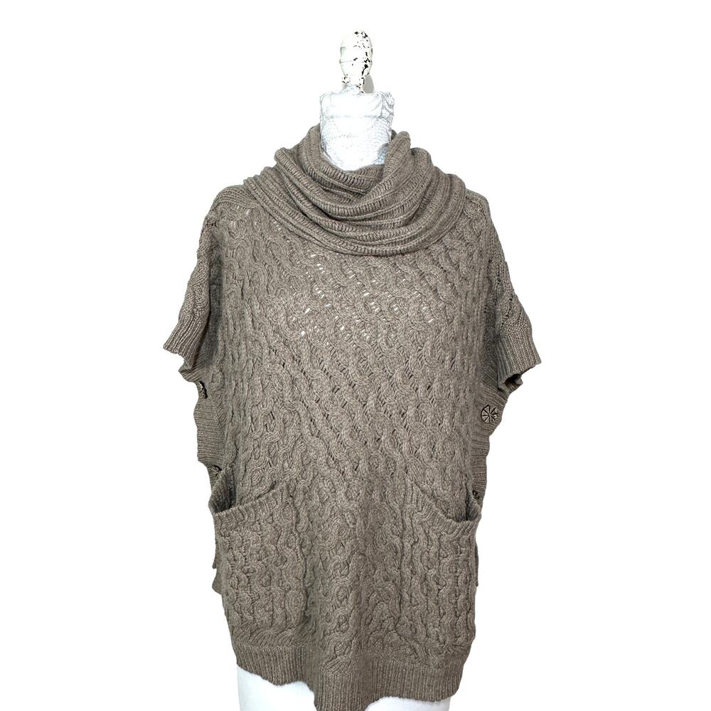 Angel of the North Chunky Knit Cowl Neck Poncho Sweater Tan Women XS Small